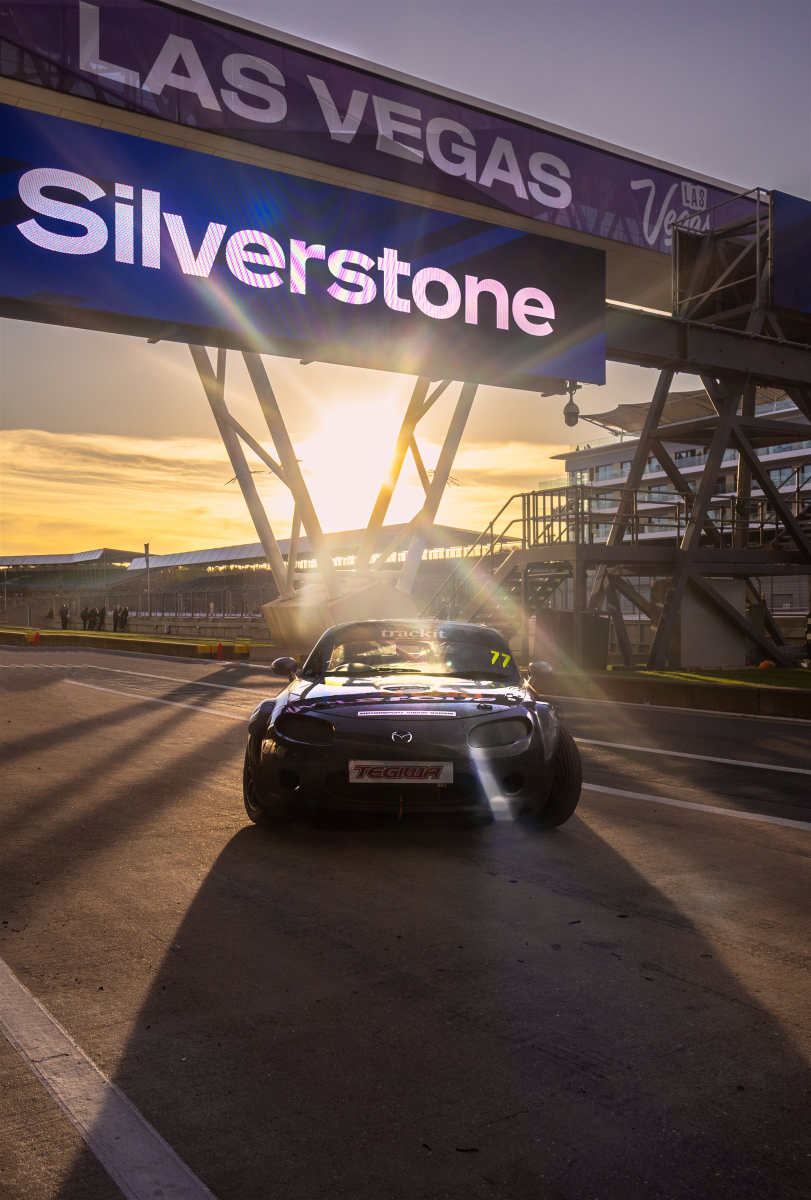 Christian Valverde's MX-5 under the Silverstone sign at sunset
